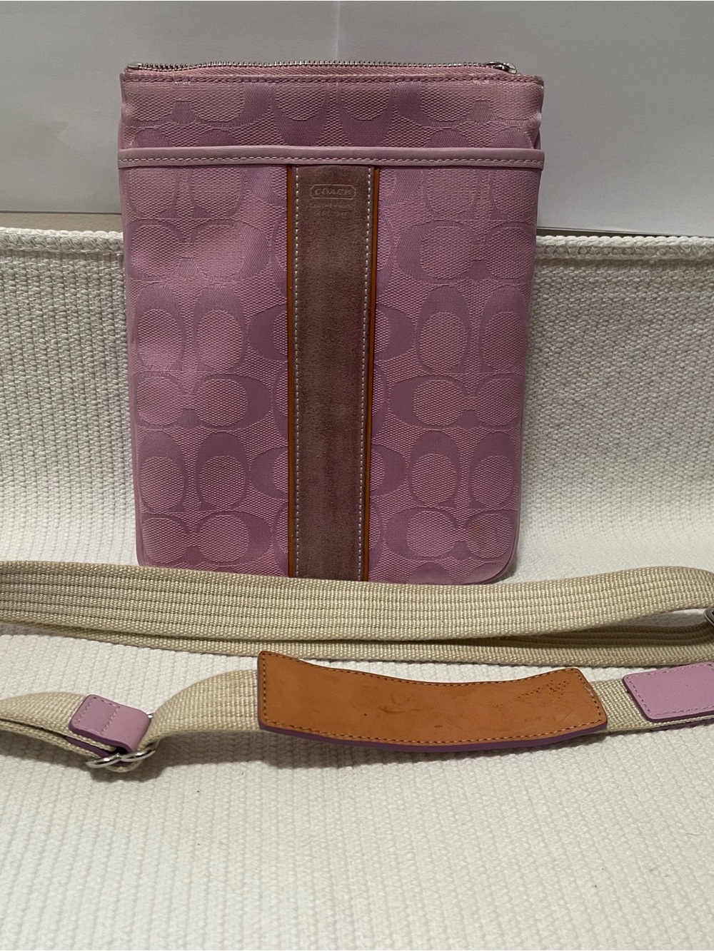 Coach Pink Signature Crossbody with Tan Stripe